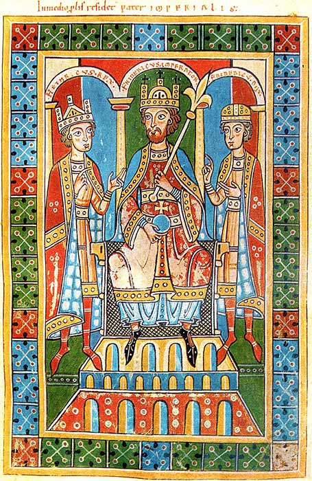 Frederick Barbarossa, middle, flanked by two of his children, King Henry VI (left) and Duke Frederick VI (right). From the Historia Welforum. (Public Domain)
