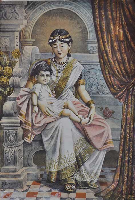 El príncipe Siddhartha (Buda) con su suegra, la reina Mahaprajapati Gotami. (Dominio publico)