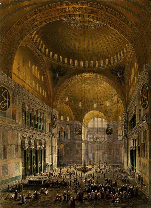 Representación de Gaspare Fossati de 1852 de Hagia Sophia como mezquita, después de su renovación y la de su hermano. Litografía de Louis Haghe. (Dominio publico)