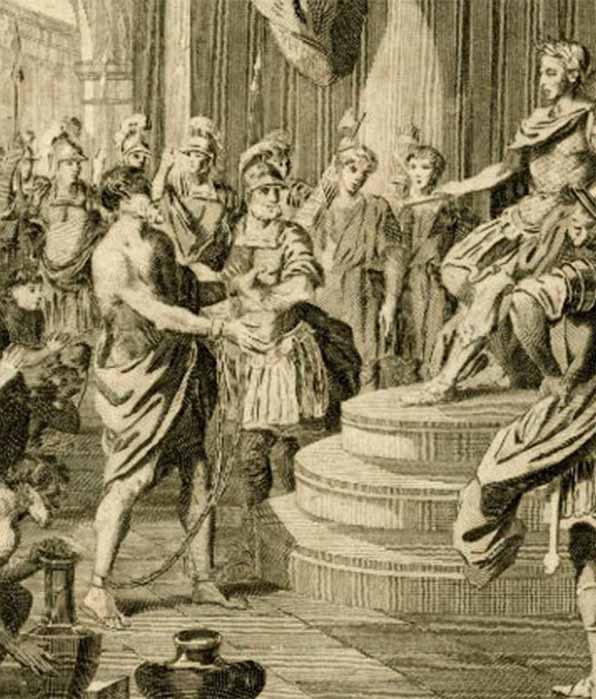 A captured Caractacus of the Catuvellauni before Emperor Claudius at Rome (18th century) (Public Domain)