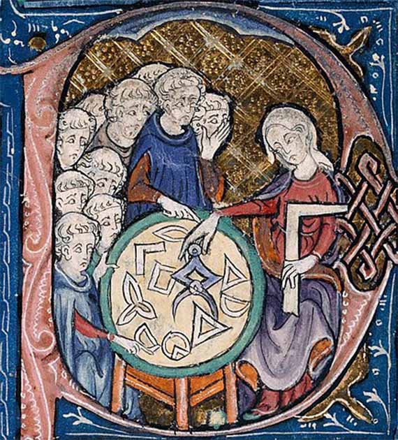 An illumination from a manuscript based on Adelard of Bath's translation of the Elements, 1309–1316; Adelard's is the oldest surviving translation of the Elements into Latin. (Public Domain)