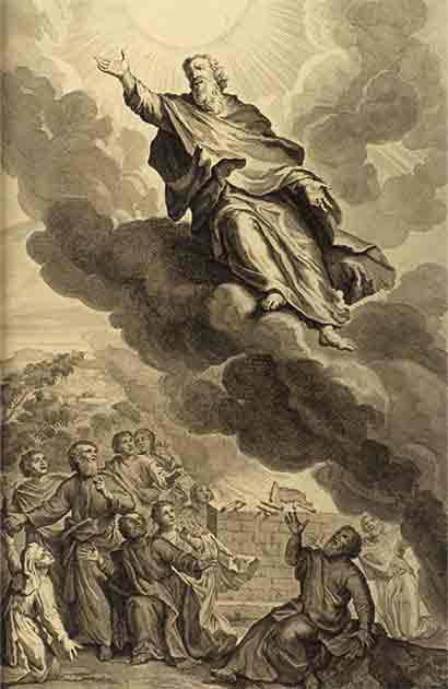 Enoch’s ascension, when God took Enoch, as in Genesis 5:24: "And Enoch walked with God: and he was no more; for God took him." (KJV) illustration from the 1728 Figures de la Bible; illustrated by Gerard Hoet (1648–1733) and others, and published by P. de Hondt in The Hague; image courtesy Bizzell Bible Collection, University of Oklahoma Libraries (Public Domain)