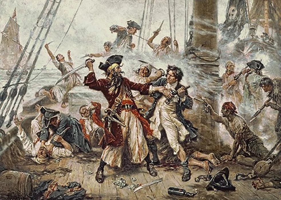 Capture of the pirate, Blackbeard, by Jean Leon Gerome Ferris (1718) Romanticizing the fierce and bloody battle between Blackbeard the Pirate and Lieutenant Maynard in Ocracoke Bay. (Public Domain)