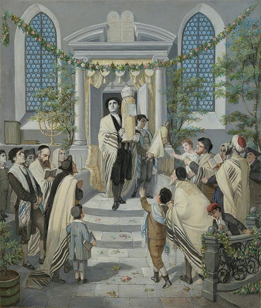 Painting depicting Shavuot (Pentecost), 1880. Themes present include the abundant greenery, the central role of the Torah Scroll, the importance of children, and even the Tablets     of the Law standing watch over all, exactly like the two cartouches of the name of the Aten (now in the Jewish Museum, Manhattan). (Moritz Daniel Oppenheim / Public domain)