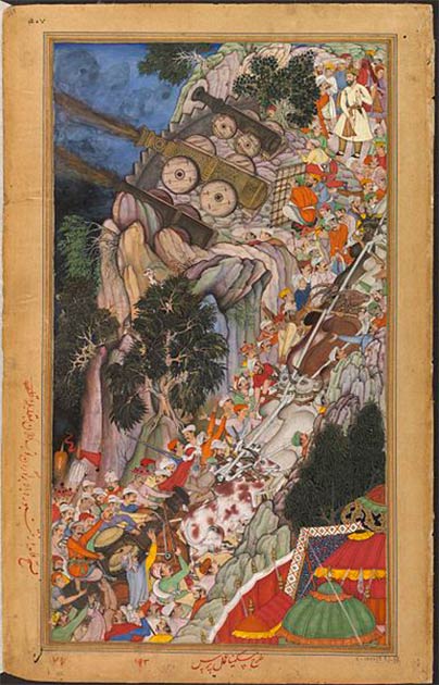 Left: Bullocks dragging siege-guns up hill during Akbar's attack on Ranthambhor Fort in 1568. (Public domain) Right: Akbar's entry into the fort of Ranthambhor in 1569 after the submission of the Rajput. (Public domain)