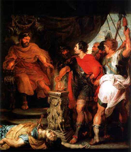 Lars Porsena watches as Gaius Mucius Scaevola puts his hand into fire, which fooled Porsena into striking a peace deal with Rome. (Public domain)