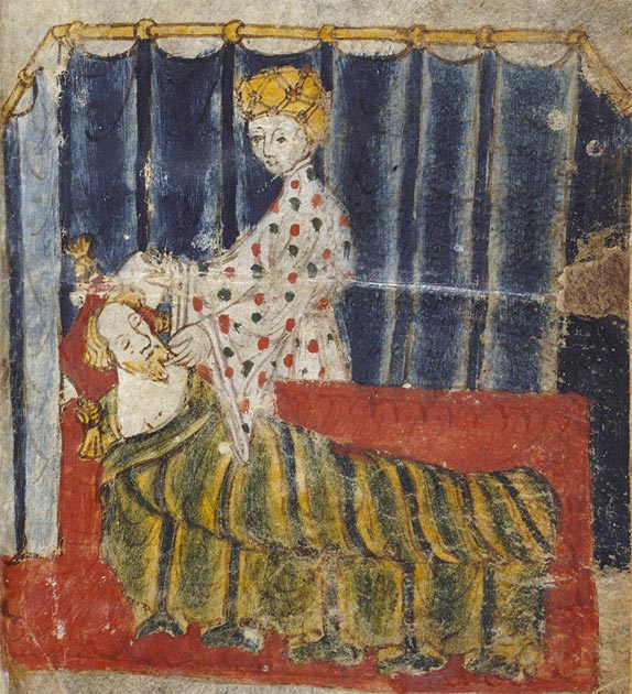 Lady Bertilak seducing Gawain's at his bed (from original manuscript). (Public domain)