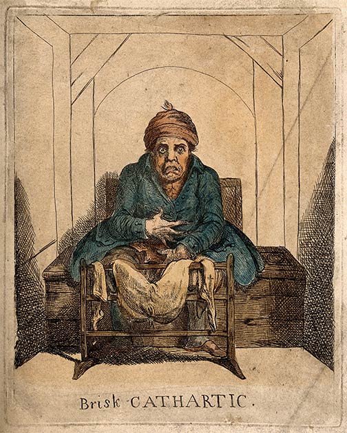 een zieke man op het toilet, na het nemen van een laxeermiddel, in de Middeleeuwen. Zoals overeten gebruikelijk was in deze tijden zo was het gebruik van laxeermiddelen. (Zie pagina voor Auteur / CC BY 4.0)