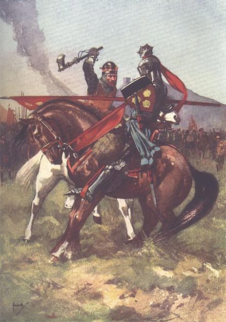 A depiction of the clash between the Bruce and de Bohun on the first day of the Battle of Bannockburn, from H E Marshall's 'Scotland's Story', published in 1906. (Public Domain)