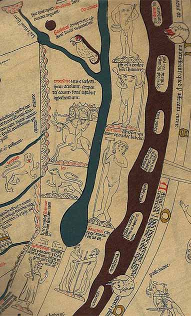 Detail of the Hereford Mappa Mundi, showing Africa south of the Nile River. A Troglodyte rides a goat-beast, and headless Blemmyes. (Public Domain)