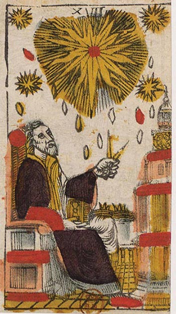 This unusual ‘The Star’ Tarot card (JacquesViéville, c. 1650) shows how the pair of compasses is used by the wise man to incorporate drops of heavenly wisdom into the tower, symbolic probably for a person as well as for a building. (Author provided)