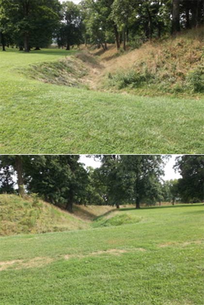 The walls and interior ditches at the entrance to the Great Circle at Newark. (Author Provided)