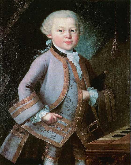 Anonymous portrait of the child Mozart, possibly by Pietro Antonio Lorenzoni; painted in 1763 on commission from Leopold Mozart (Public Domain)