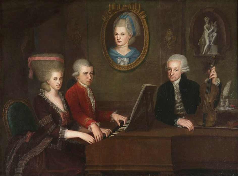 Mozart family, by Johann Nepomuk della Croce (1780). The portrait on the wall is of Mozart's mother. (Public Domain)