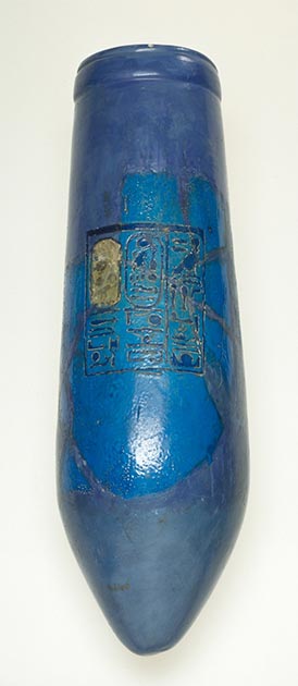 A situla with the erased cartouche of Akhenaten, found in the Great Aten Temple at Amarna. Made of faience with blue glaze, situlas were meant to symbolize the female breast, and often contained milk, to be poured out in offerings before a deity, in this case the Aten. (Walters Art Museum / Public domain)