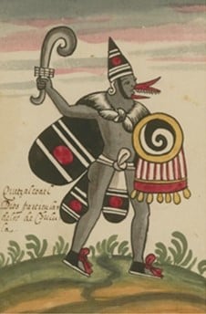 Quetzalcóatl with the Ocelocopilli conical headdress, symbol of Venus. He is a winged god! Watercolor on 21 x 15.2 cm paper. It is the illustration of the verse from page 132 of the Codex Ramírez. (John Carter Brown Library).