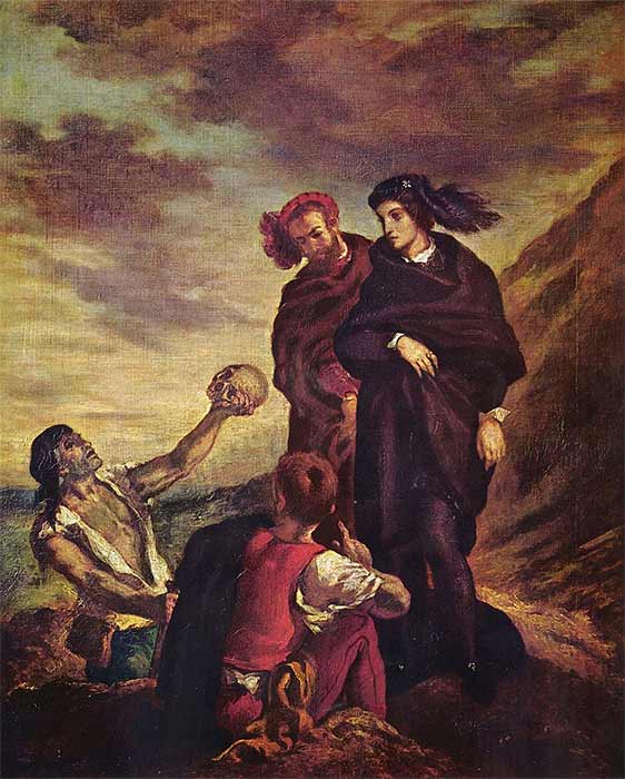 To Whom Does The Skull Belong? Hamlet - Alas Poor Yorick  by Eugène Ferdinand Victor Delacroix (1839) (Public Domain)