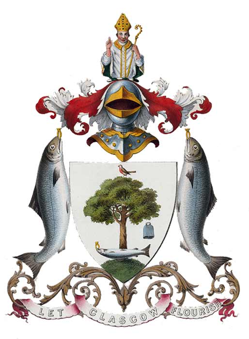 Early version of Glasgow's Coat of Arms from 1866 showing the tree, the bird, the bell and the fish. (Public Domain)