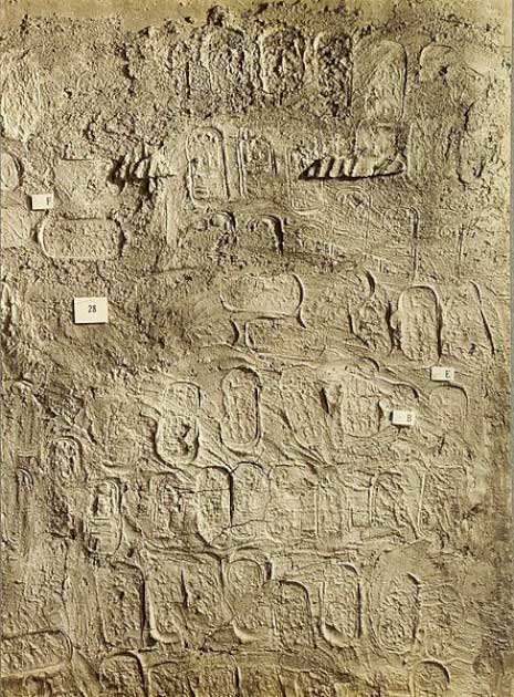 A section from the blocking sealing the tomb's outer doorway, its mud-plastered surface bears stamped impressions of the official necropolis seals and Tutankhamun's cartouche. (Public Domain)