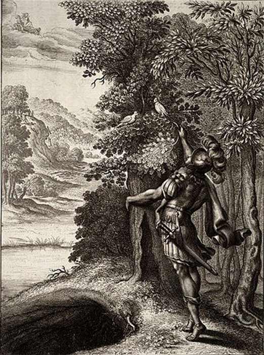 The name of Frazer’s book, The Golden Bough was the name given to one of the episodic tales written in the epic Aeneid, book VI, by the Roman poet Virgil (70–19 BC), telling of the adventures of the Trojan hero Aeneas after fighting in the Trojan War. Illustration from “The golden bough