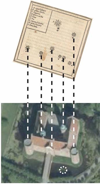 The towers are positioned as built under the constellation of Cassiopeia. The position of the new star is in the moat. Author provided with Tycho’s wood-cut and Google Earth photo underlying.