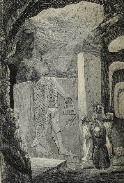 1859 imagen de la página 323 de "Descubrimientos entre las ruinas de Nínive y Babilonia; con Viajes en Armenia, Kurdistán y el Desierto: siendo el resultado de una segunda expedición realizada para los Fideicomisarios del Museo Británico" por Austen Henry Layard. (Dominio publico)