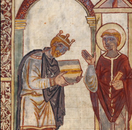 Focus on Æthelstan handing a manuscript to St Cuthbert in Bede’s Life of Saint Cuthbert.