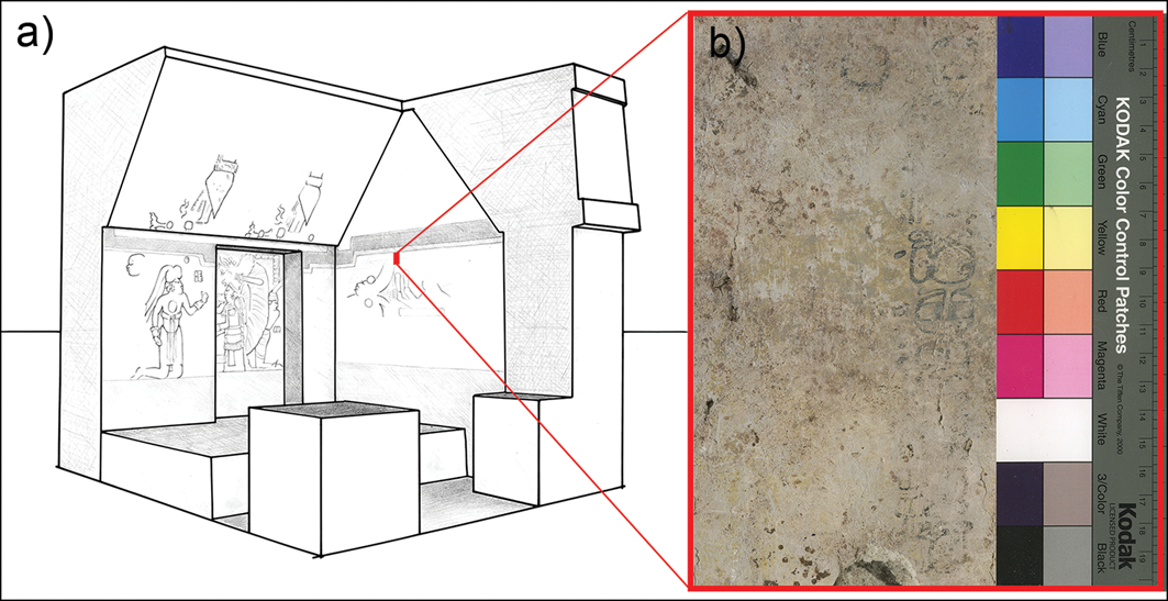 (a) Reconstruction of Structure 10K-2 at Xultun showing the position of Text 19 on the eastern wall. (b) Multispectral photograph of the original inscription that enabled researchers to decipher the earliest known named Maya mathematician-astronomer.