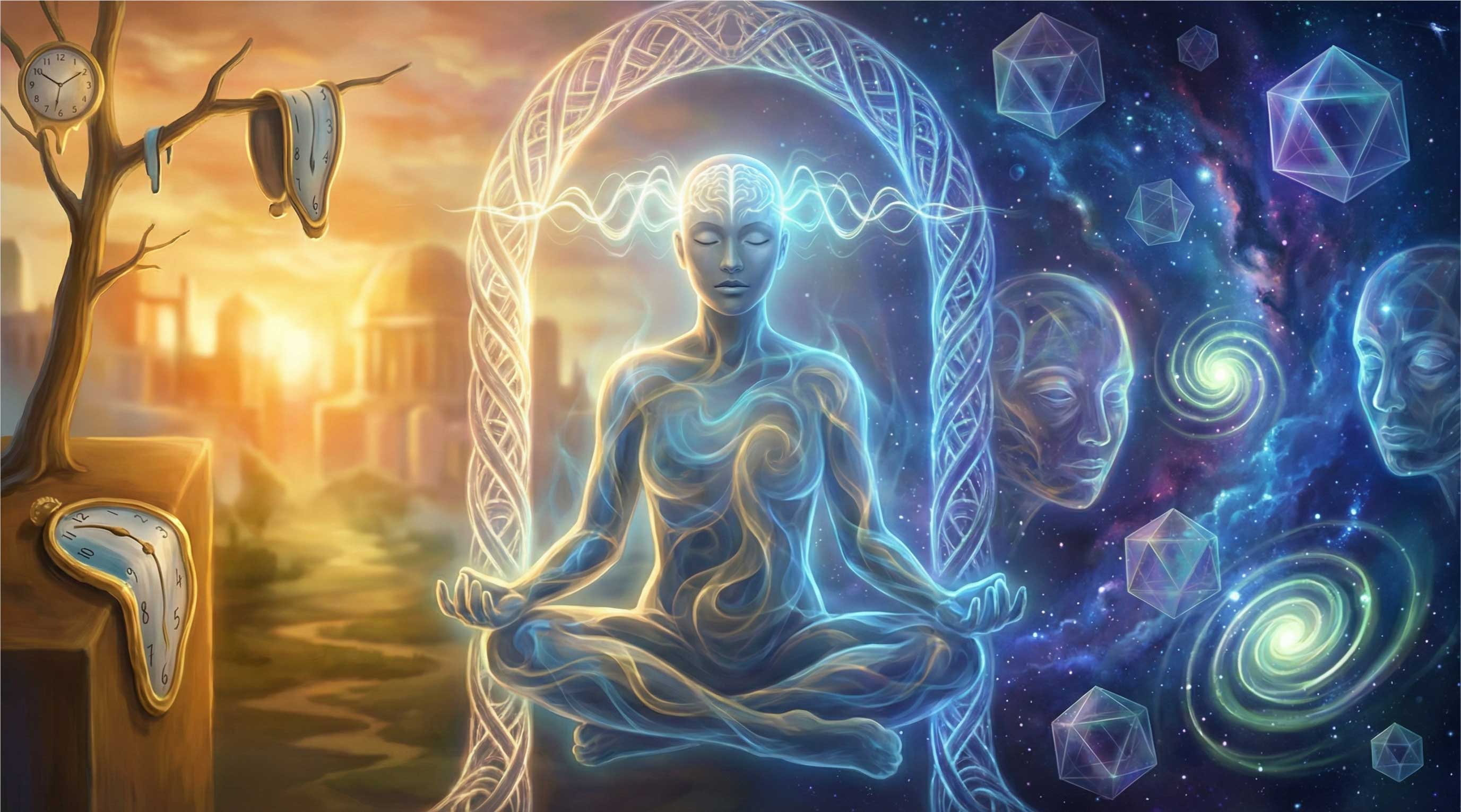 The hypnagogic threshold — the surreal liminal space between waking and sleep, with a figure suspended between two worlds