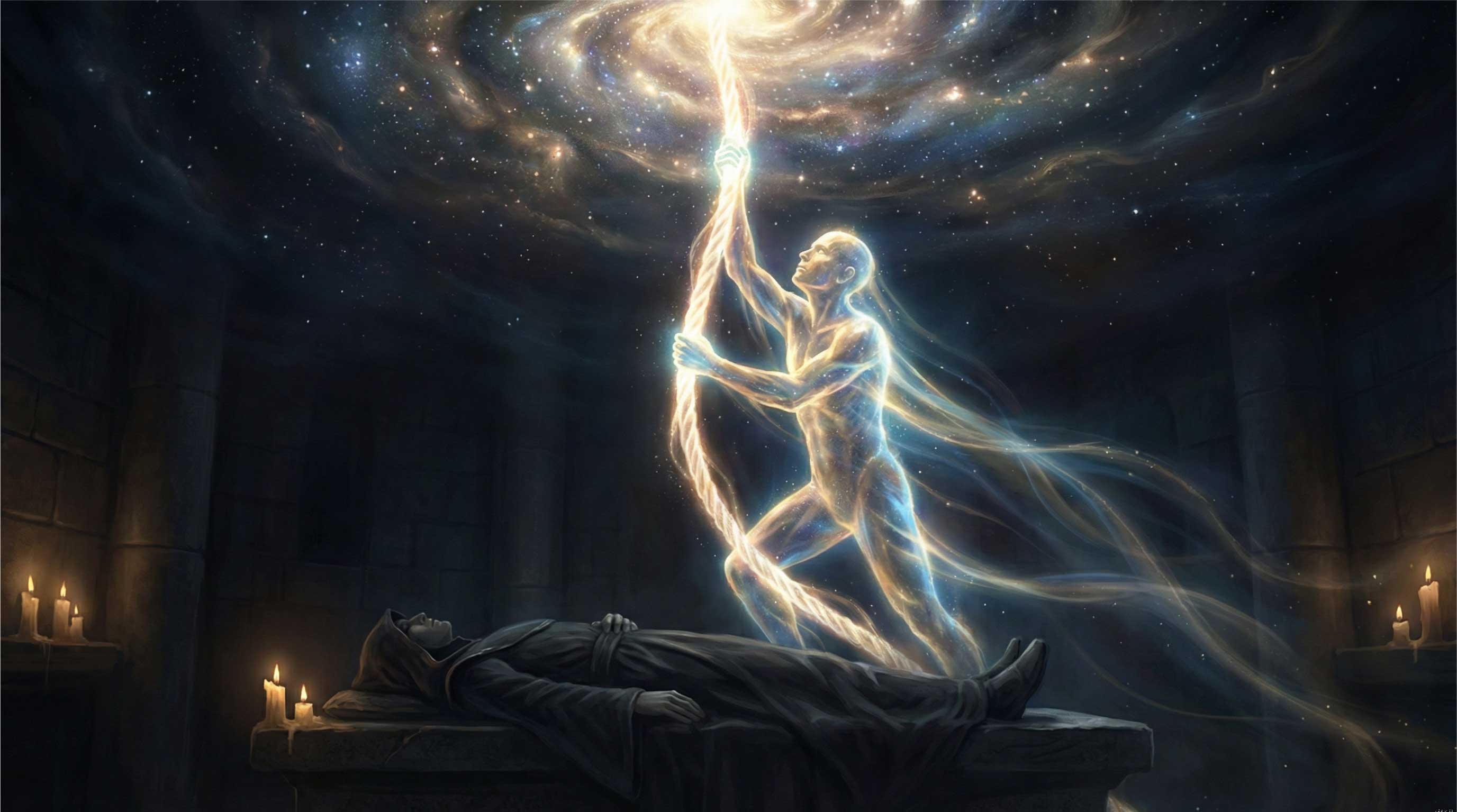 The Rope Technique - a luminous astral body climbs a glowing rope of light upward from a sleeping physical body