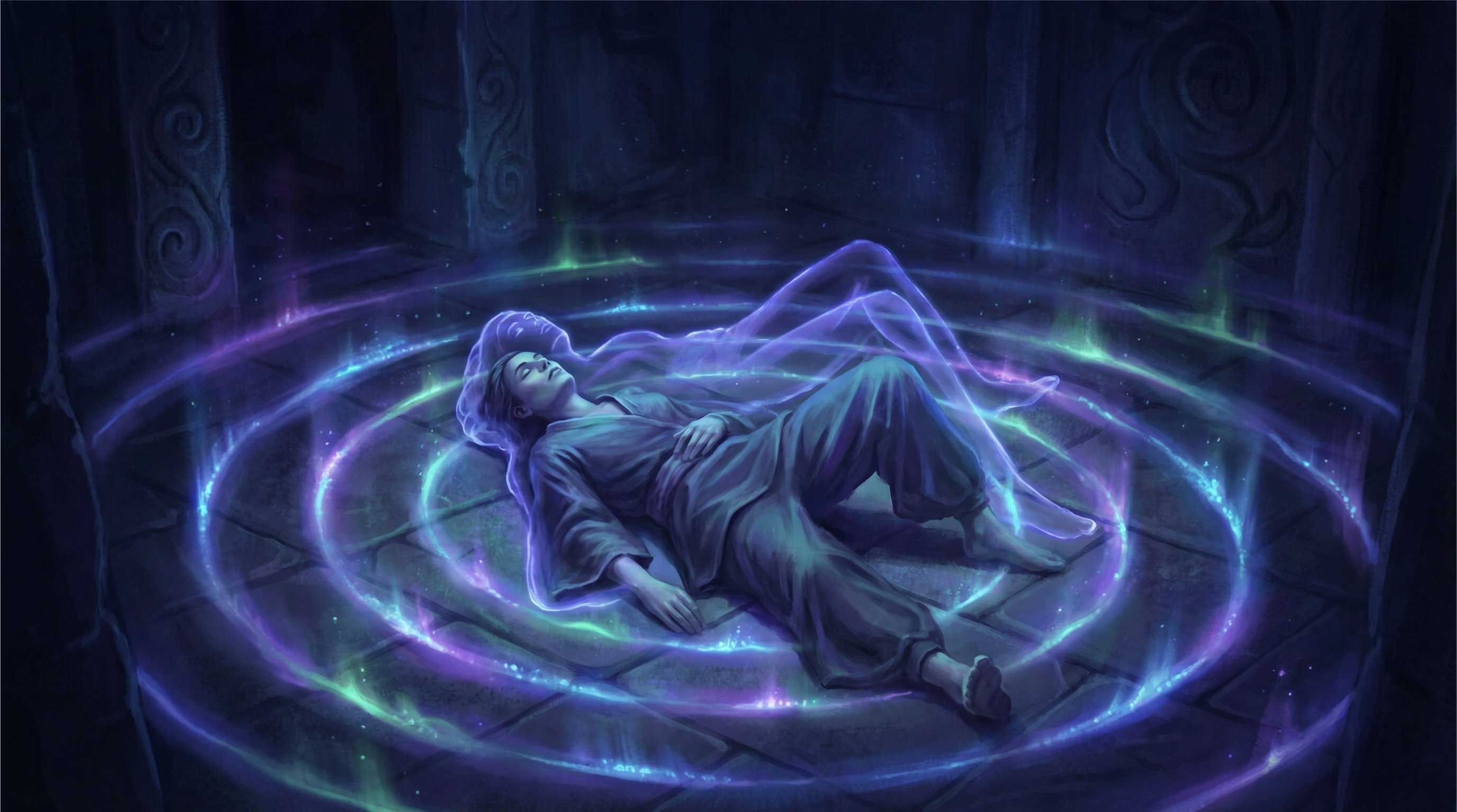 The vibrational state - electric blue and violet energy waves radiating from a figure lying in deep stillness