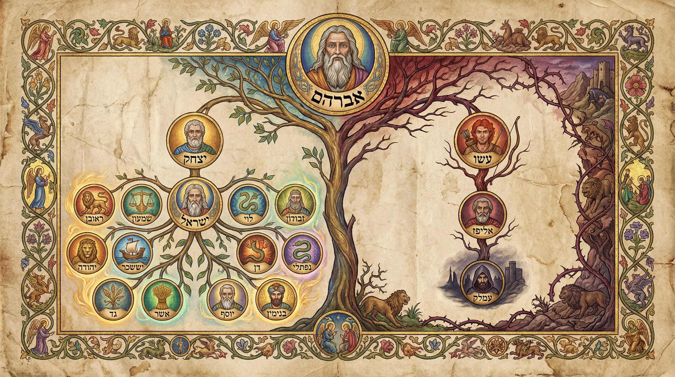 An illuminated manuscript style depiction of the genealogy connecting Abraham, Isaac, Jacob, and Esau, showing the divergent paths of Israel and Amalek. (Image: AI Generated / Public Domain)