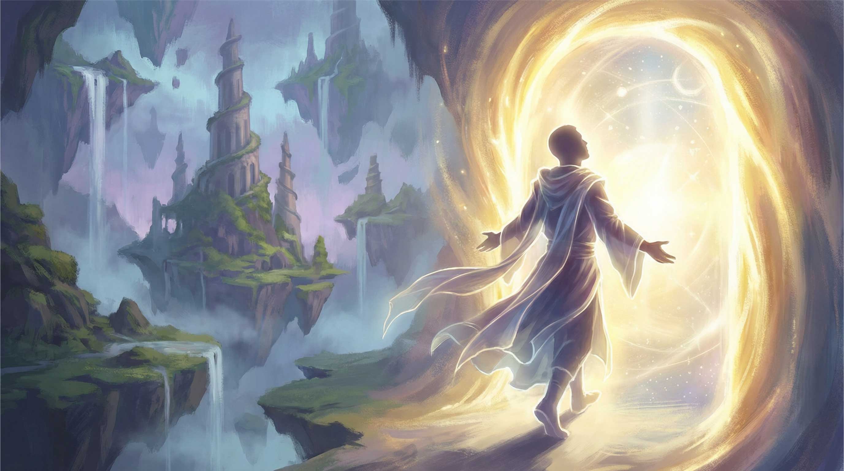 A figure steps through a luminous portal from a vivid dreamscape into the radiant astral plane beyond