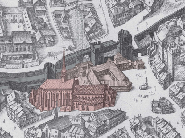 The Merian map of 1615 shows the Barfüsser monastery with the church and the Kreuzgarten in the back right
