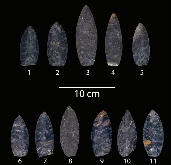 The 11 Joshua Cache bifaces recovered in Sugarcreek, Ohio.