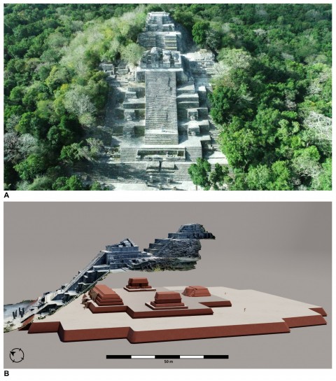 Aerial photograph and digital reconstruction of Structure II and the Late Preclassic Substructure II-C complex