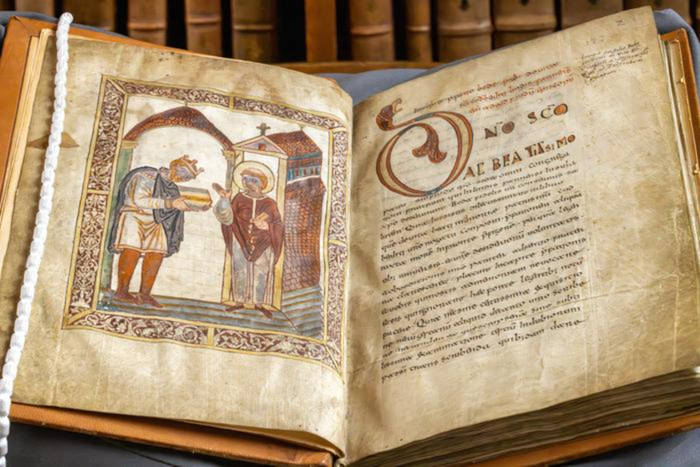 Æthelstan (894 to 939) in an illustration in a manuscript of Bede’s Life of Saint Cuthbert.