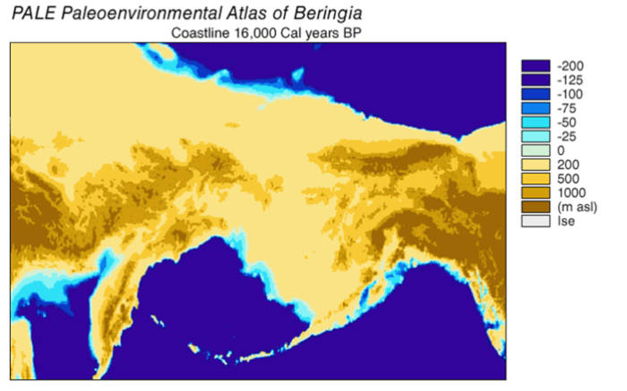 Beringia (the Bering Land Bridge region) once linked Asia and North America during lower sea levels. (NOAA/Public domain)