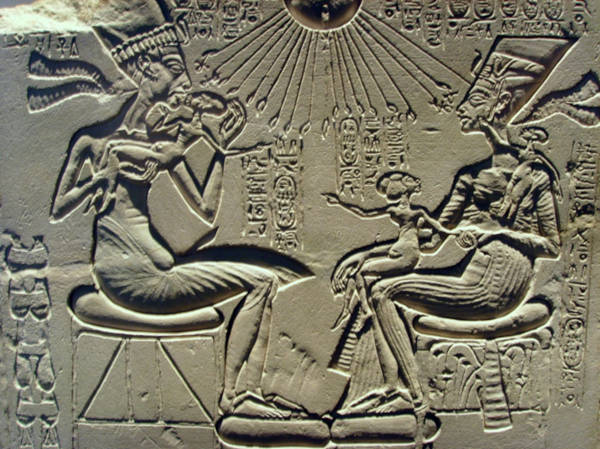 Relief depicting Akhenaten, Nefertiti and their children under the rays of the Aten