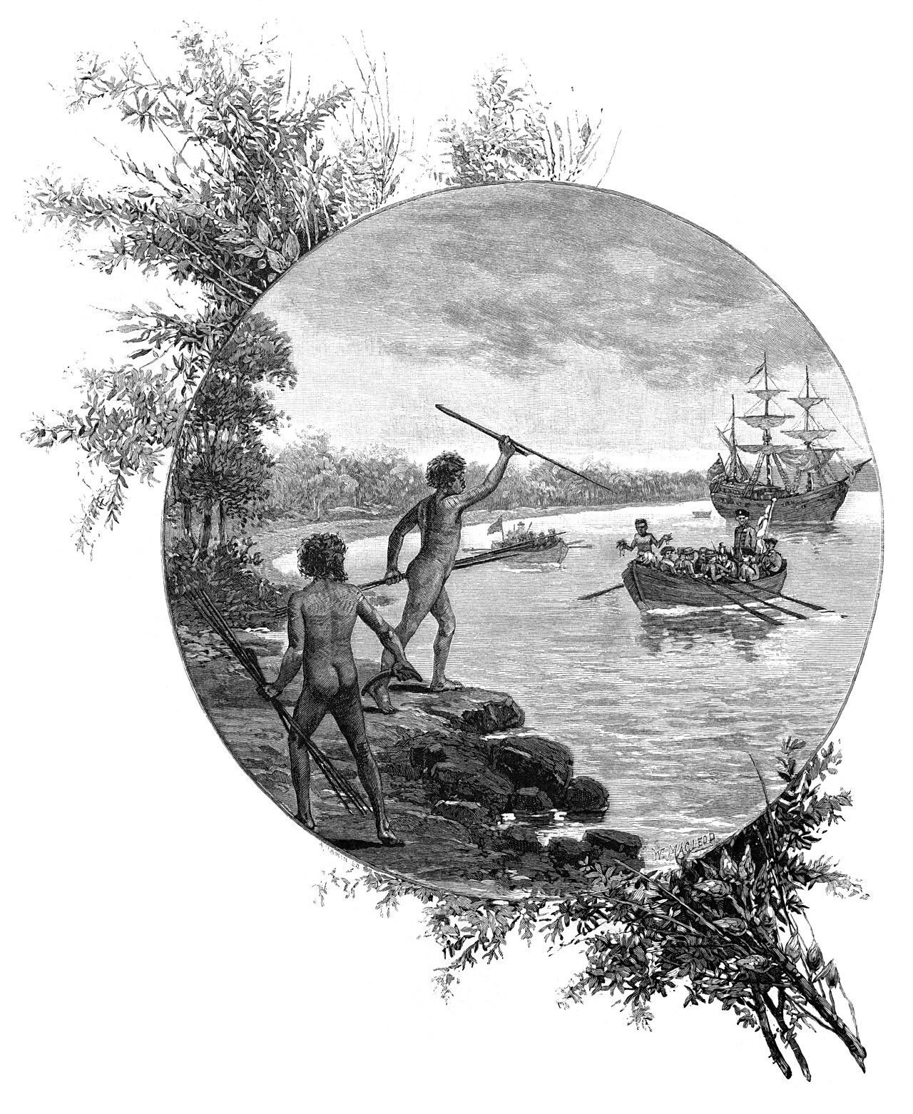 Depicts one of the earliest encounters between Aboriginal Australians and members of the British First Fleet following the establishment of the colony at Sydney Cove in 1788.