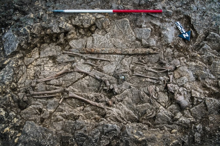 Overhead view of the skeletal remains in the double grave. 