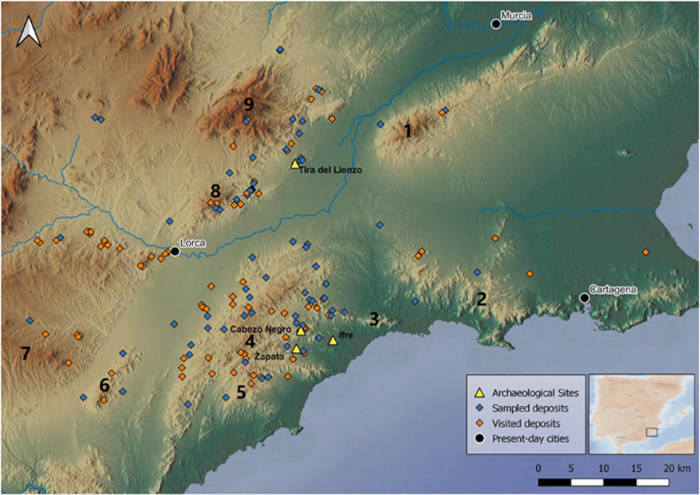 Map showing El Argar settlements and clay deposits in southeastern Murcia.
