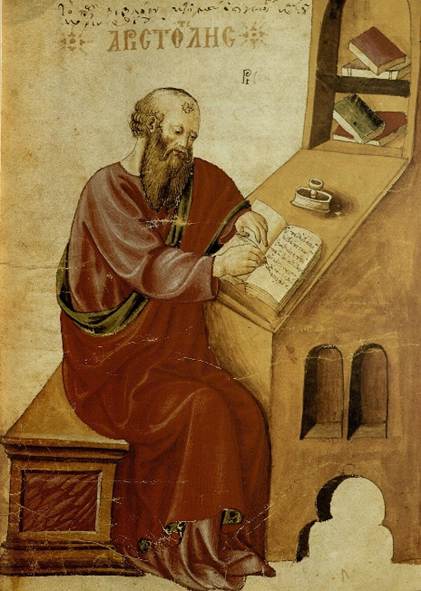 Aristotle, writing in a study, identified by the Greek inscription above his head