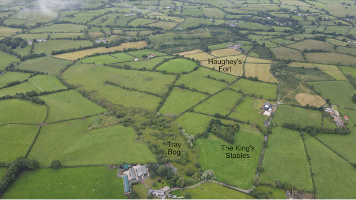 Aerial photograph, taken in 2023, of Haughey’s Fort and the King’s Stables 