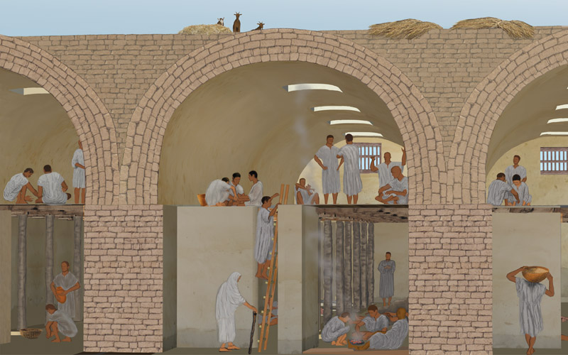 Artist's reconstruction of a vaulted gallery building at the Lost City of the Pyramid Builders (Heit el-Ghurab), showing workers living and carrying out daily activities beneath barrel-vaulted roofs during Egypt's Fourth Dynasty
