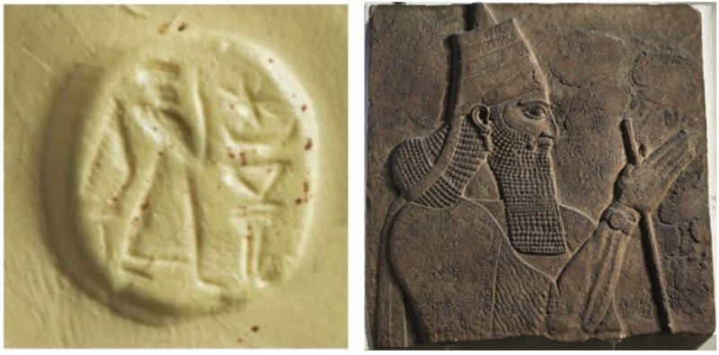 Left; The impression made by the seal. (Assaf Peretz/Israel Antiquities Authority) Right; Neo-Assyrian palace relief depicting Tiglath-Pileser III making a similar gesture of worship.