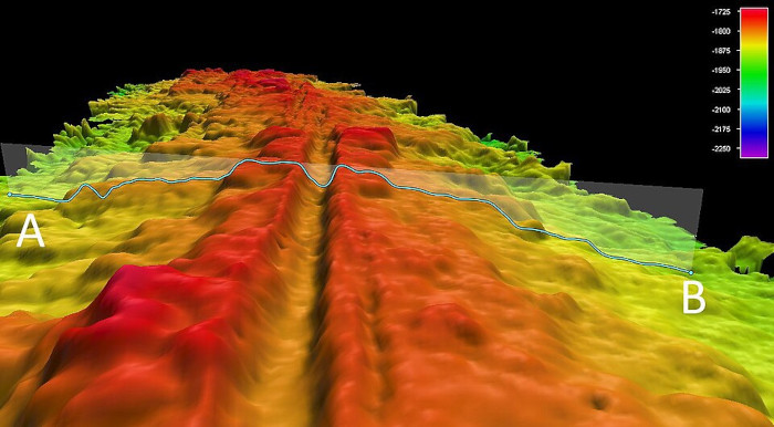 A high-resolution multibeam echosounder bathymetry scan revealing complex seabed morphology.