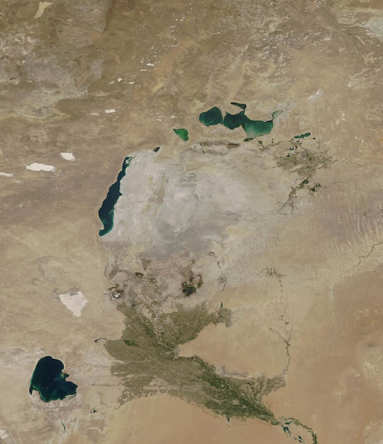 Satellite view showing the dramatically reduced Aral Sea, 