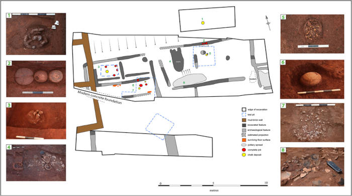 Plan of structural complex (upper levels) excavated in Area 4 highlighting key areas of interest and images of findings.
