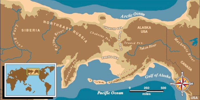 Map showing Beringia stretched between the Lena River in Russia and the Mackenzie River in Canada during the Ice Age.